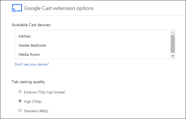 Настройки расширения Chromecast в Chrome