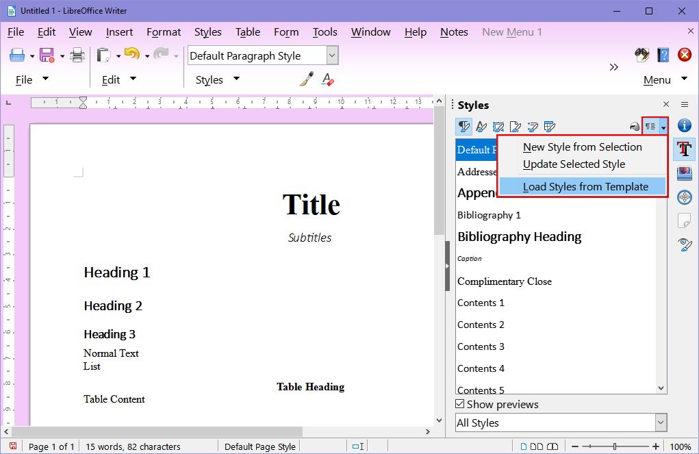 Загрузка шаблона в LibreOffice Writer