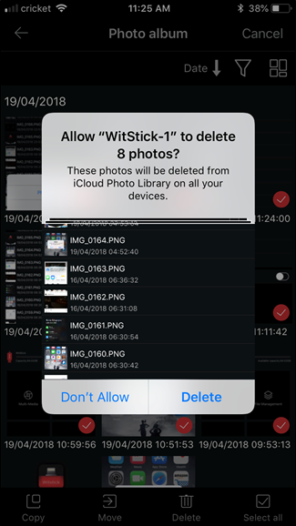 Запрос удаления исходных изображений после копирования на накопитель