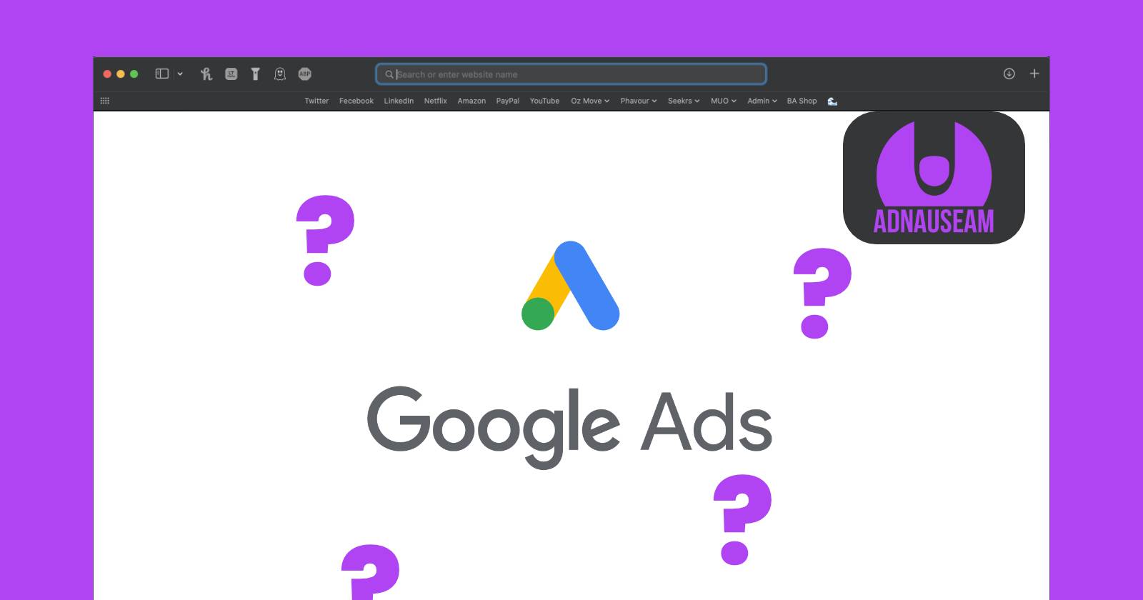Интерфейс браузера с Google Ads и расширением AdNauseam
