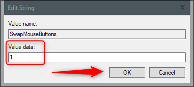 Ввод значения SwapMouseButtons = 1 в редакторе реестра