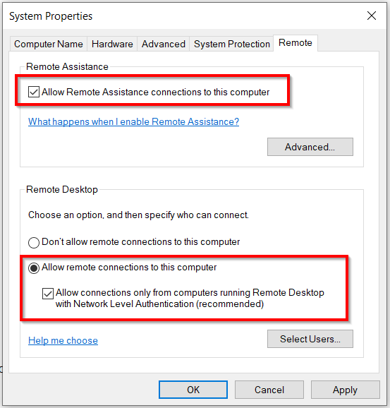 Параметры системных свойств для удалённого доступа