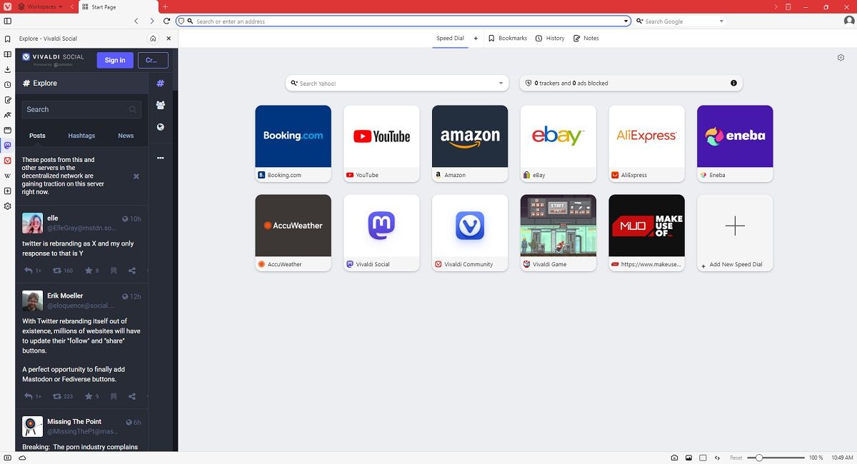 Панель Vivaldi Social в боковой панели браузера Vivaldi