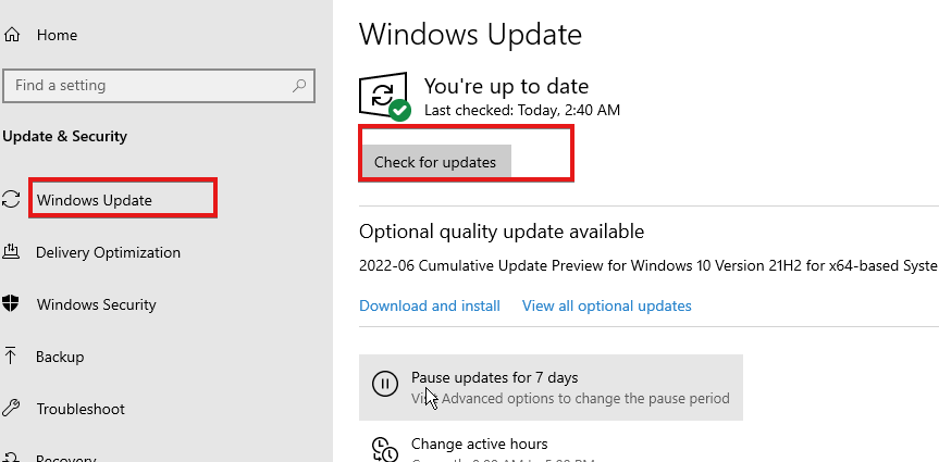 Раздел Windows Update в настройках