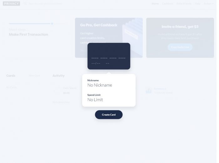 Создание новой виртуальной карты в Privacy