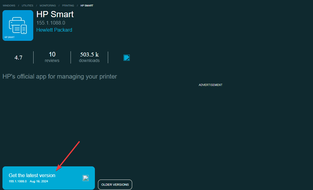 Страница загрузки HP Smart на стороннем сайте