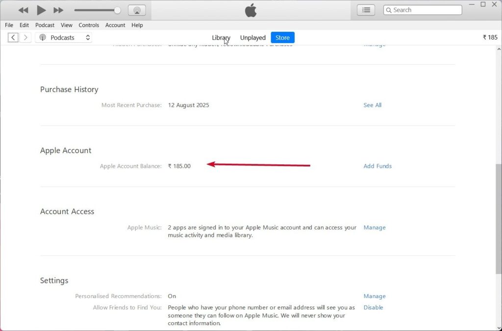 Отображение суммы баланса в iTunes