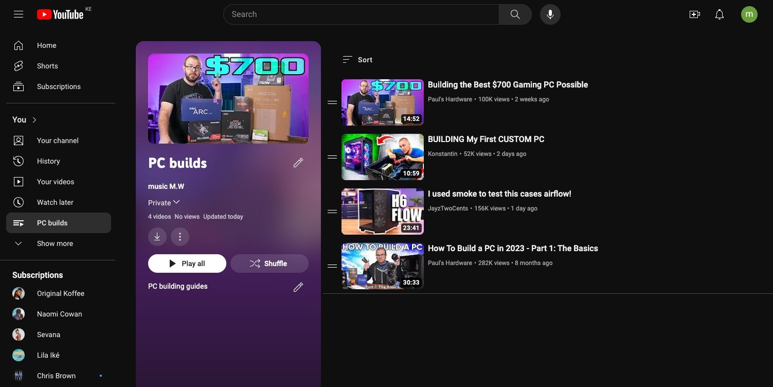 Просмотр приватного плейлиста на сайте YouTube с элементами управления