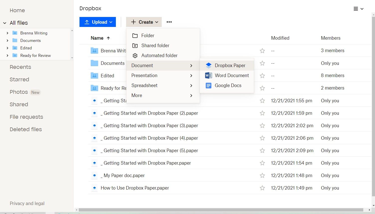 Шаги для создания нового документа в Dropbox Paper