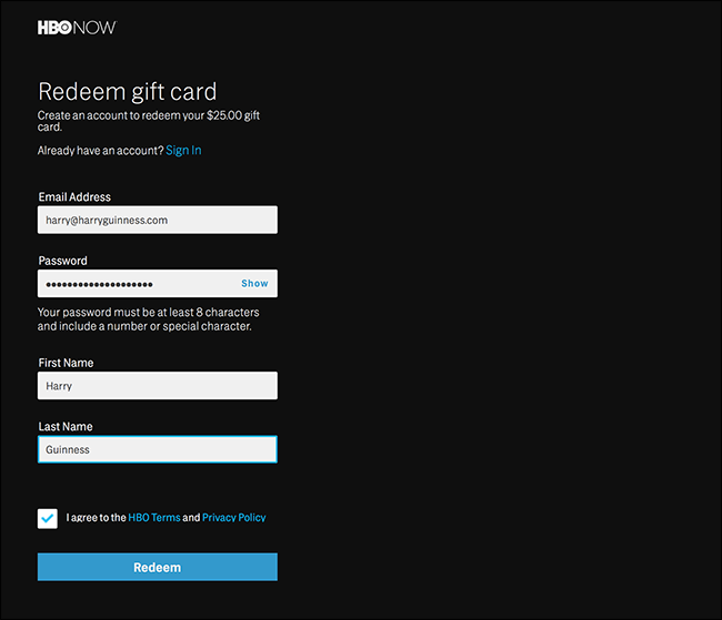 Форма создания аккаунта HBO: имя, email, пароль