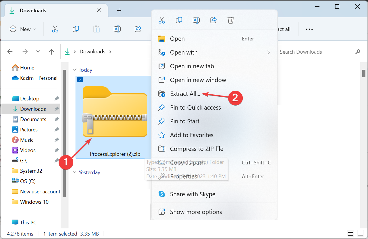 Контекстное меню ZIP: команда «Извлечь всё»