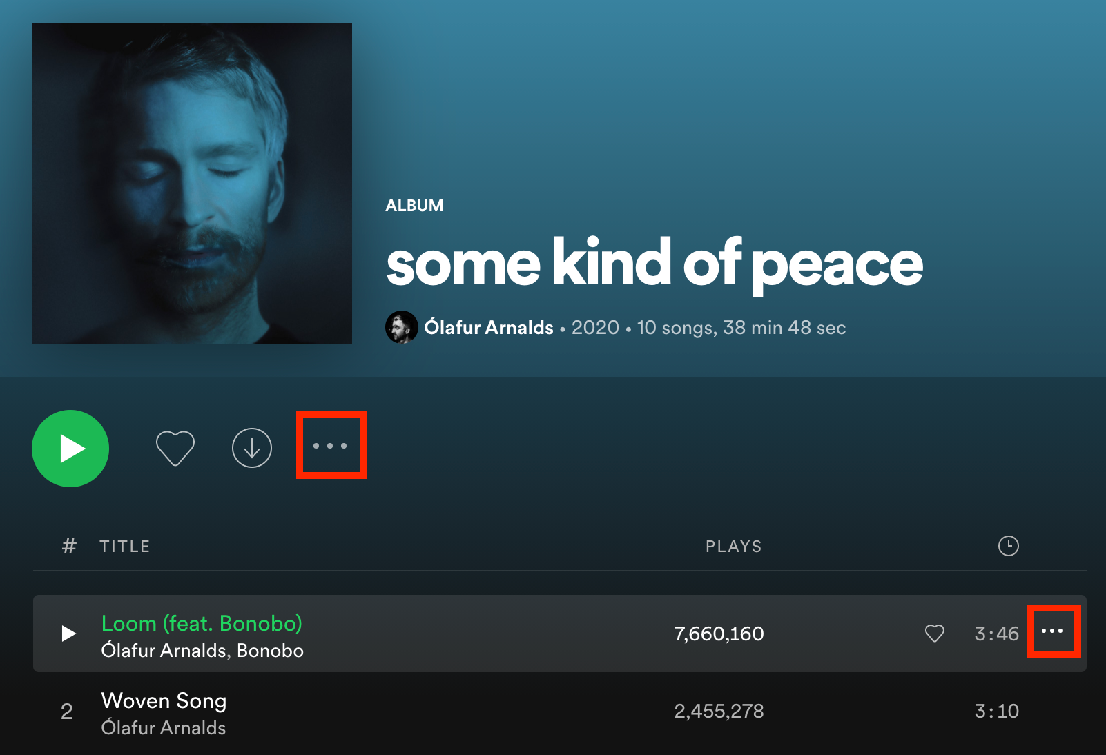 Выбор меню три точки рядом с треком в Spotify