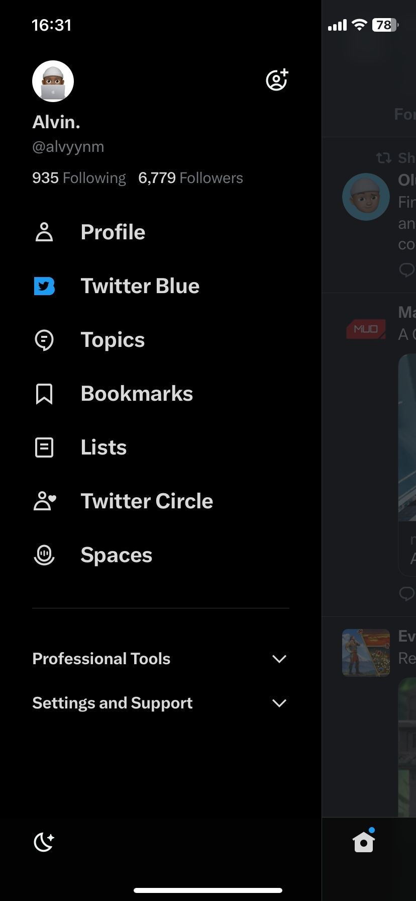 Меню Twitter в мобильном приложении