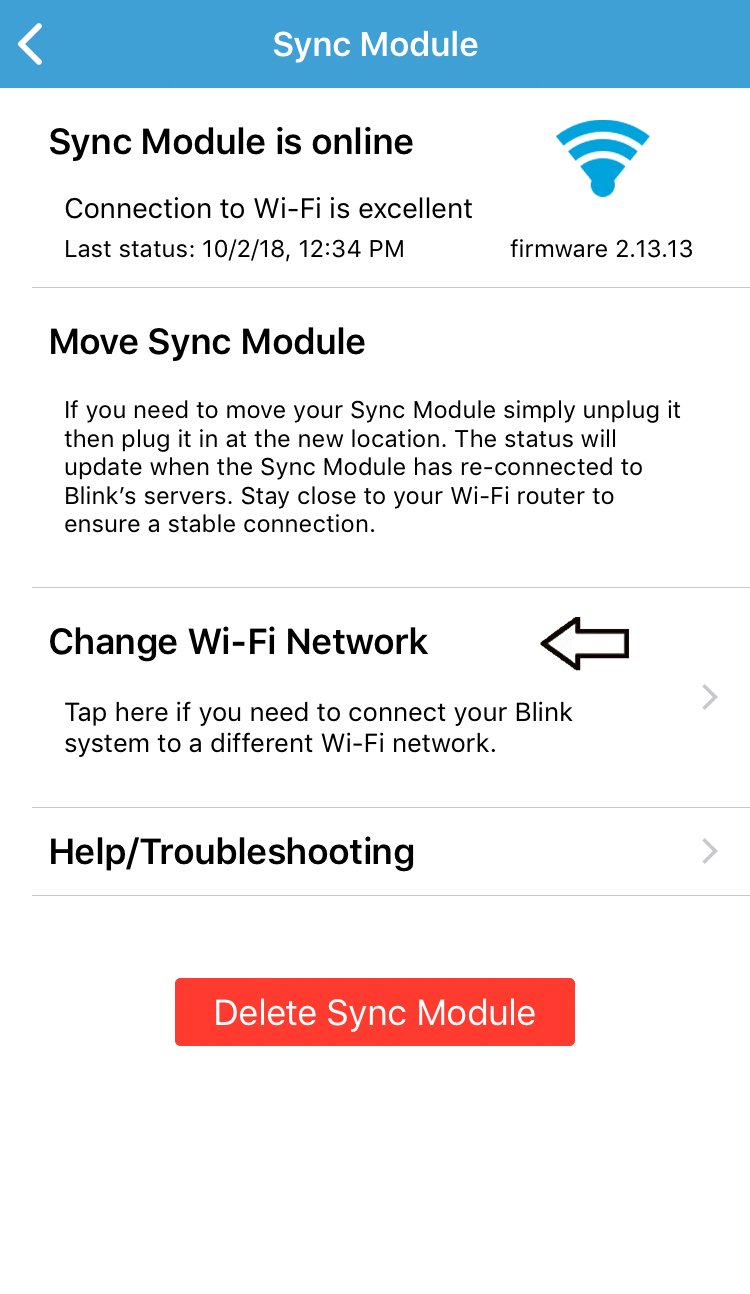 Кнопка изменения сети Wi-Fi в Blink