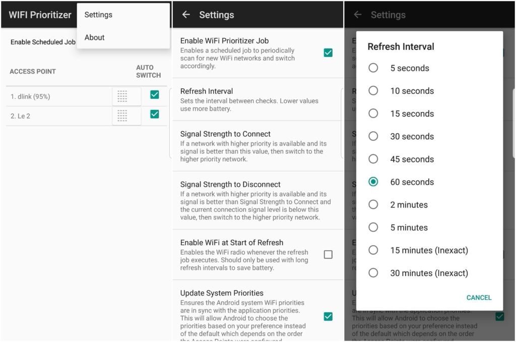 Параметр интервала обновления в приложении WiFi Prioritizer