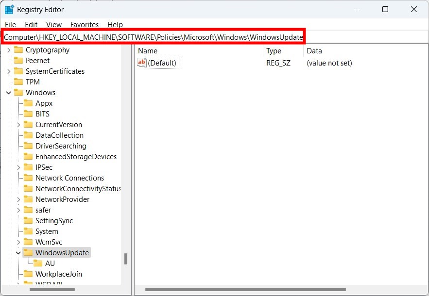 Путь в реестре к настройкам Windows Update