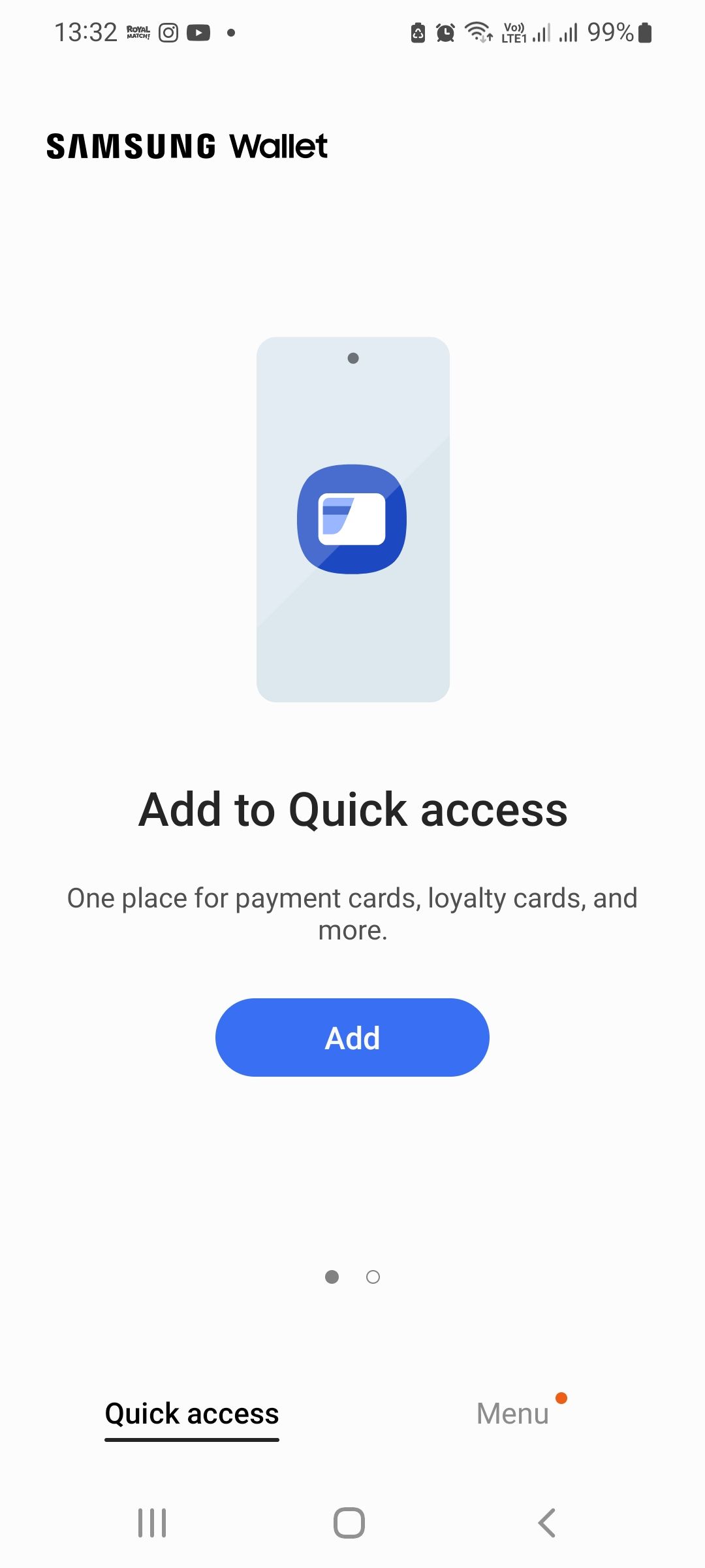 Экран быстрого доступа в Samsung Wallet