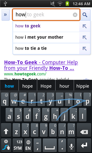 Swype исправляет промах и предлагает слово