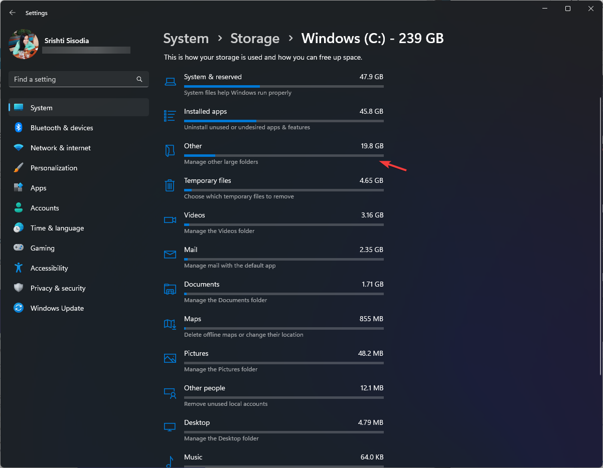 Список папок и их размер в настройках хранилища