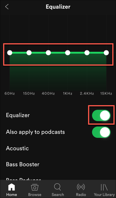 Настройки эквалайзера Spotify на iOS
