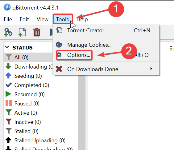 Меню Tools в qBittorrent с пунктом Options