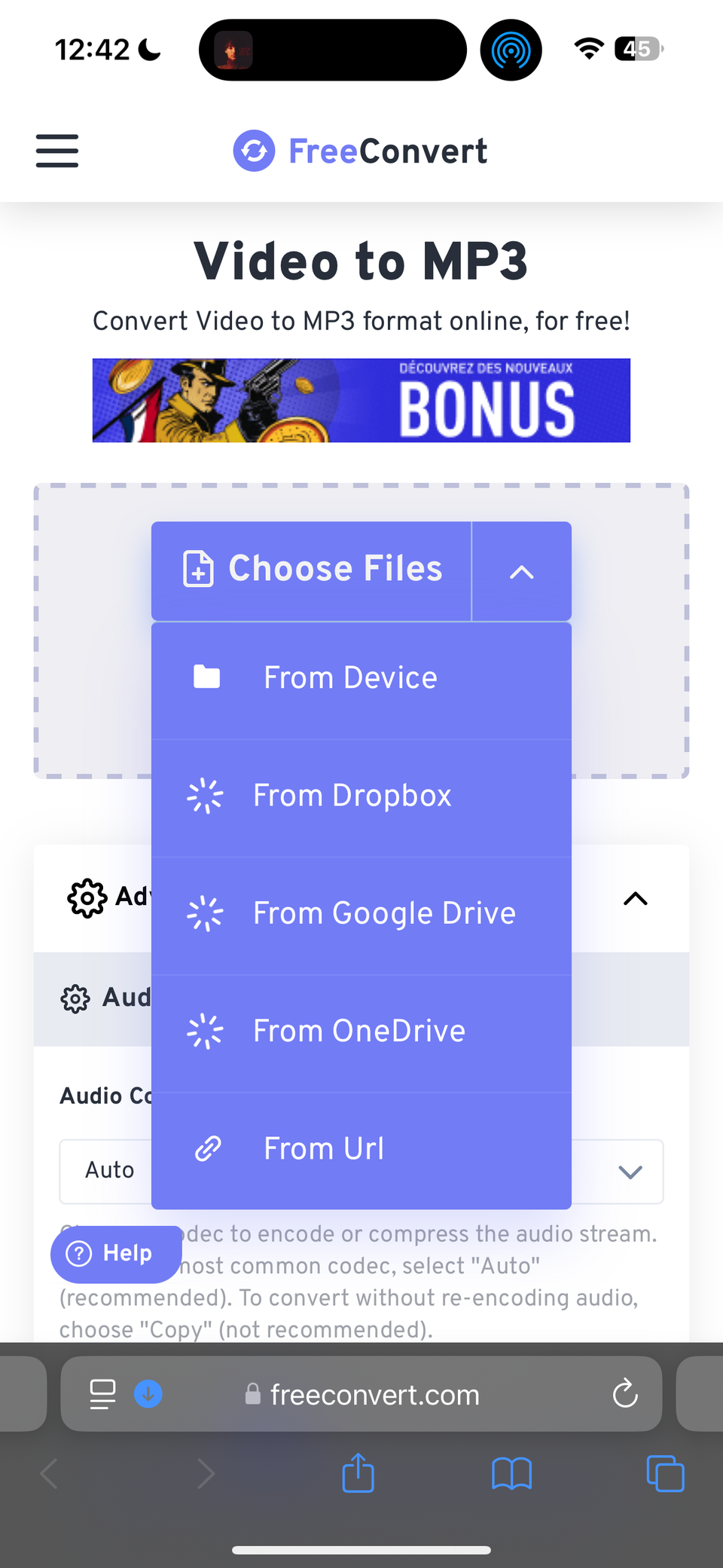 Выбор файла для конвертации в FreeConvert