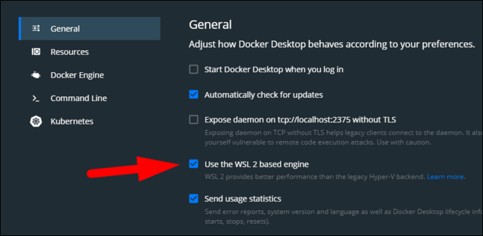If using WSL on Windows, enable the WSL 2-based engine