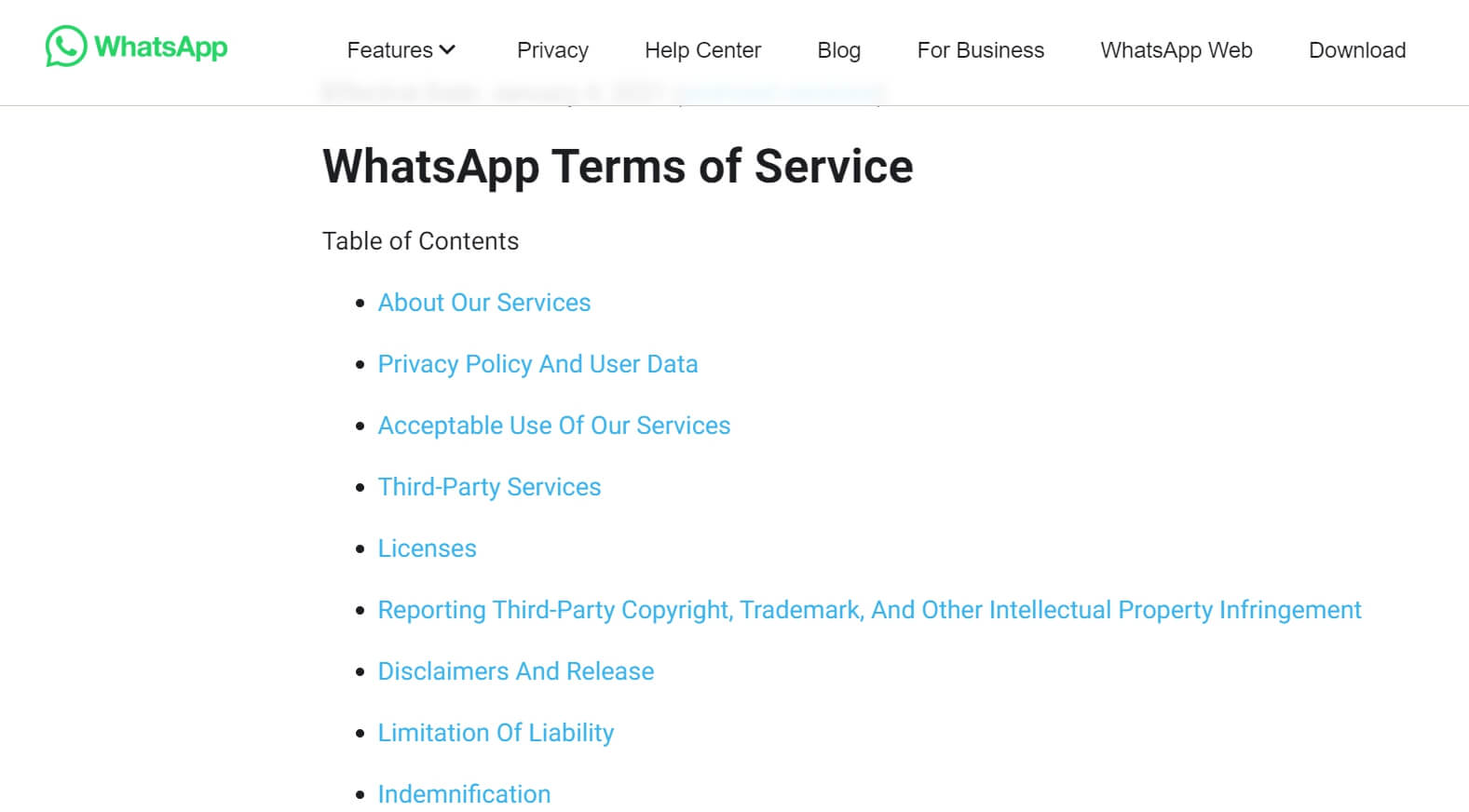 Страница условий использования WhatsApp