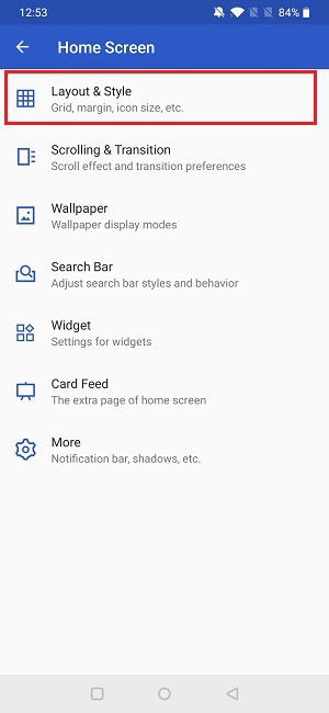 Параметры макета и стиля в Apex Launcher