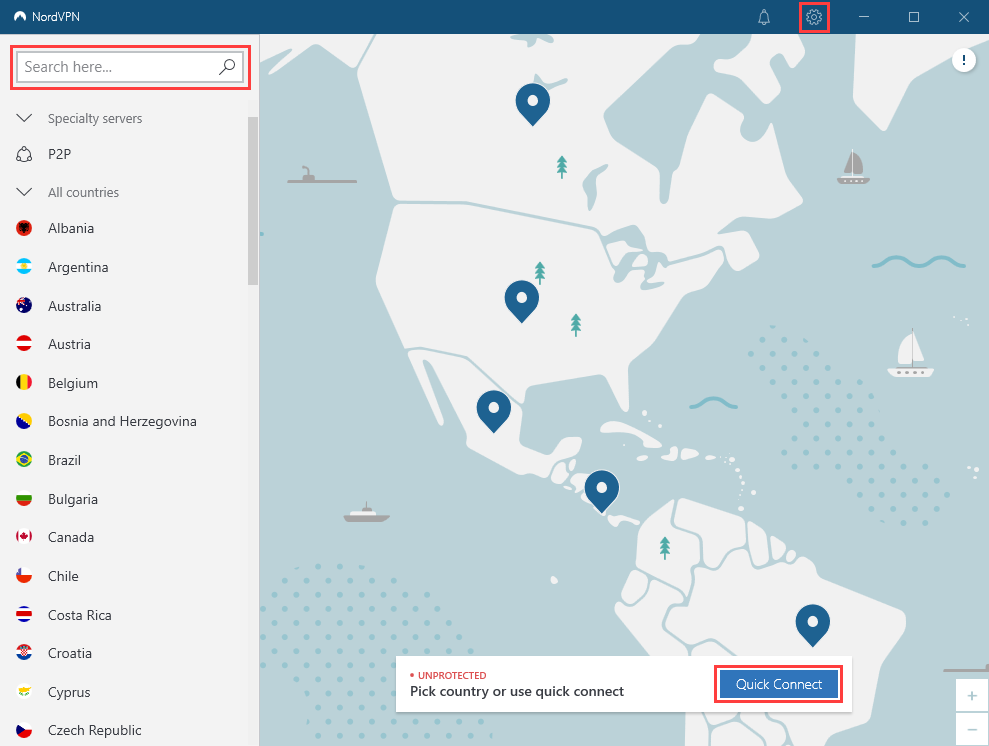 Интерфейс NordVPN в Windows