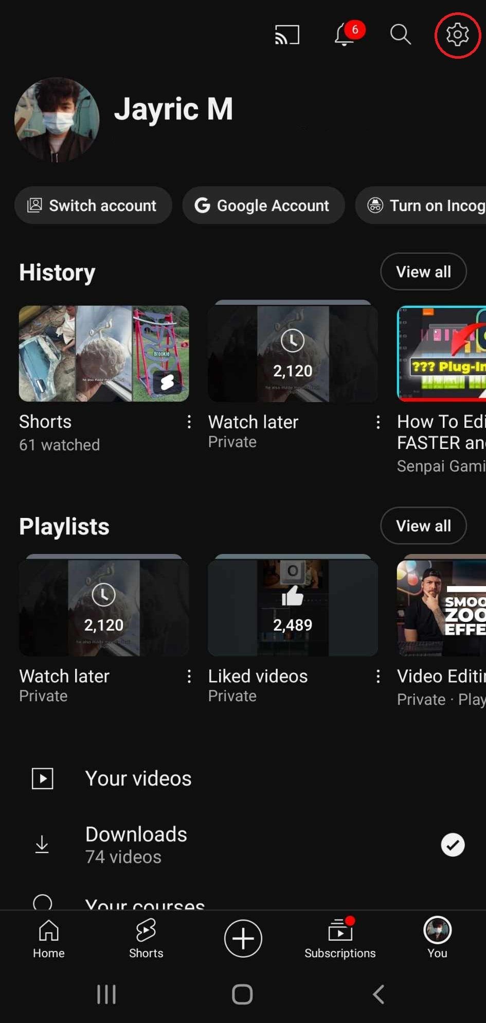 Вкладка «Вы» в мобильном приложении YouTube
