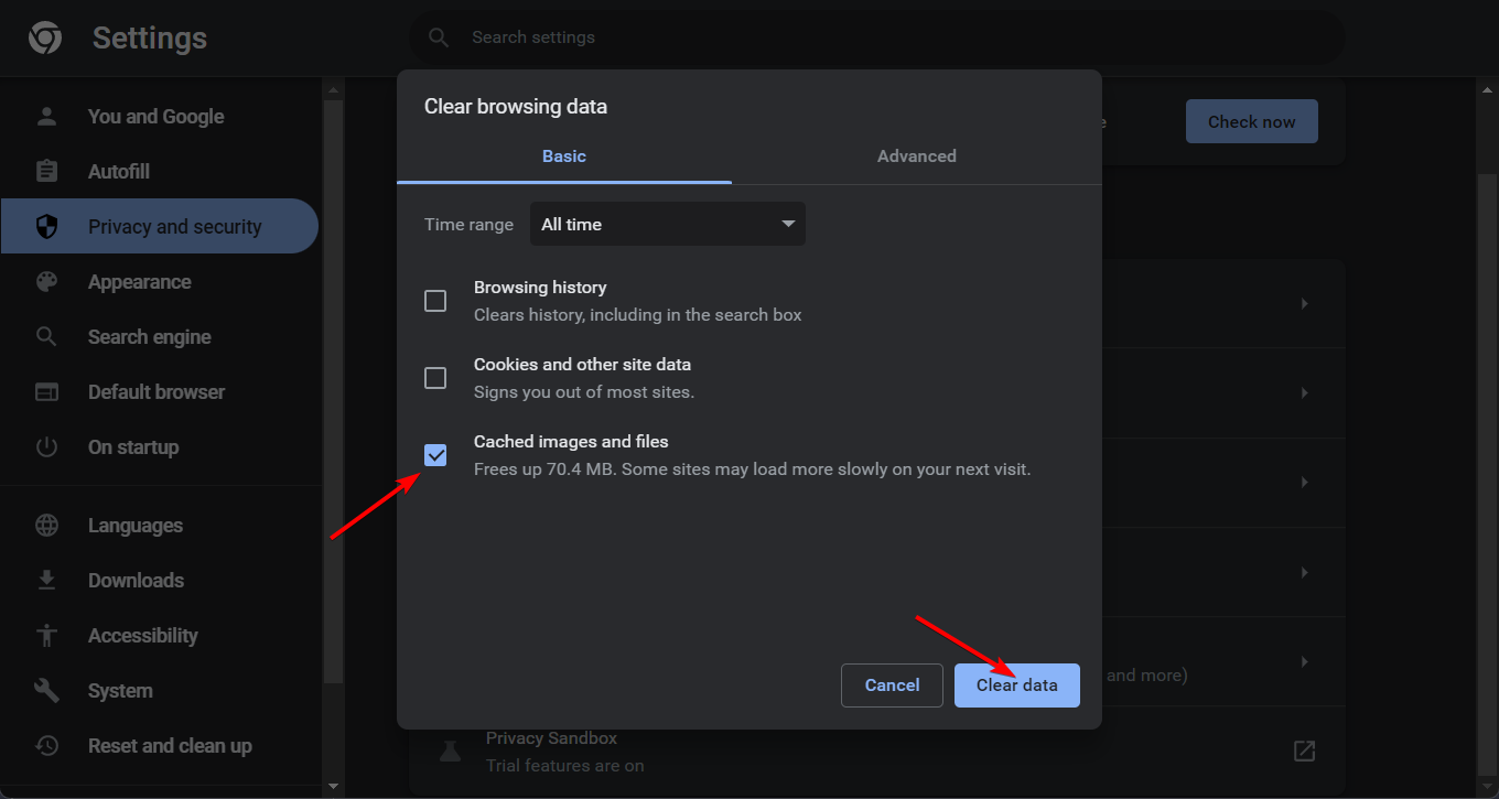 Опции для очистки куки и кэша в Chrome