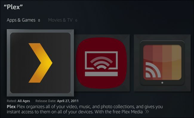 Результат поиска Plex в магазине приложений Fire TV