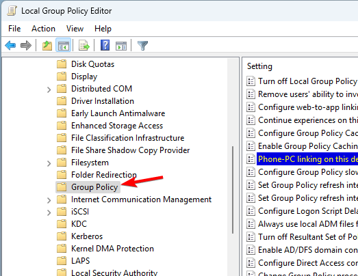 Путь политики группы к параметру Phone PC linking