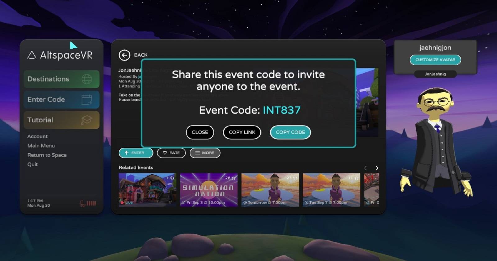 Интерфейс для совместного использования события в AltspaceVR.