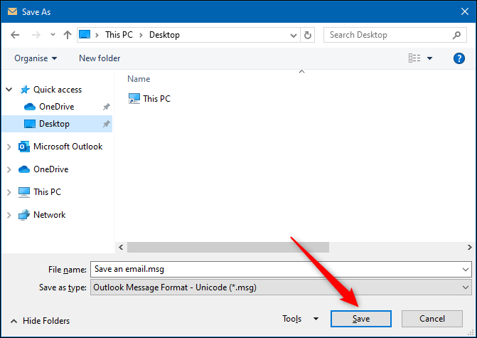 Диалог Сохранить как в Outlook с выделенной кнопкой Сохранить