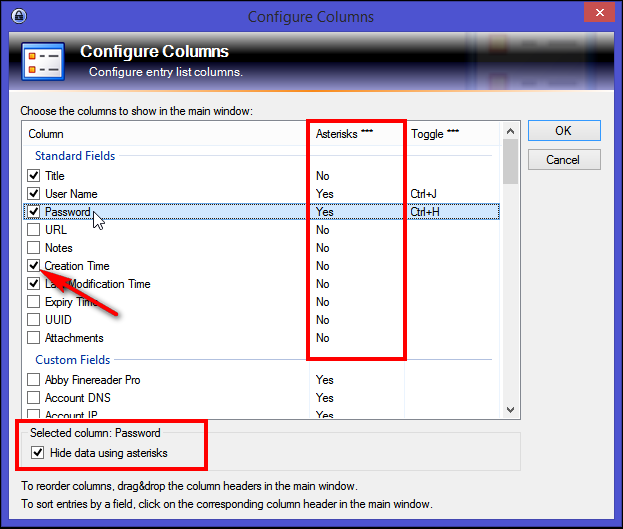 Конфигурация колонок в списке записей KeePass
