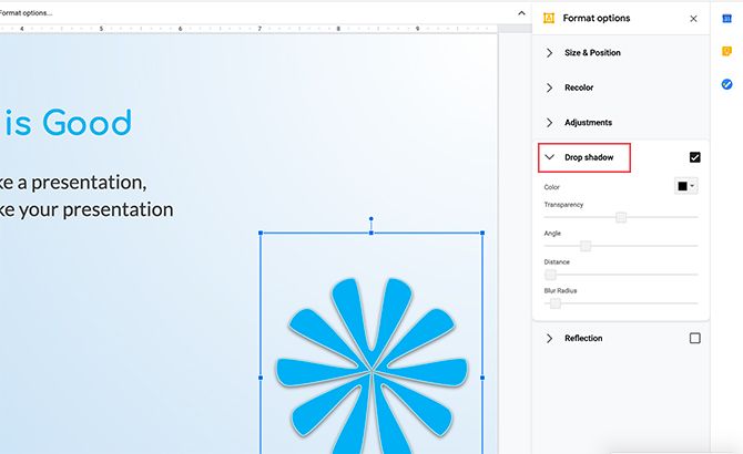 Параметры тени (Drop shadow) в Google Slides