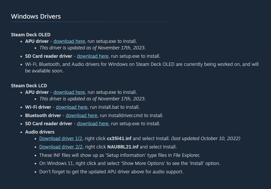 Страница загрузки драйверов Steam Deck