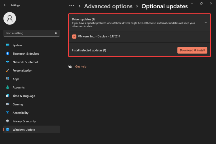 Кнопка Загрузить и установить для опциональных обновлений