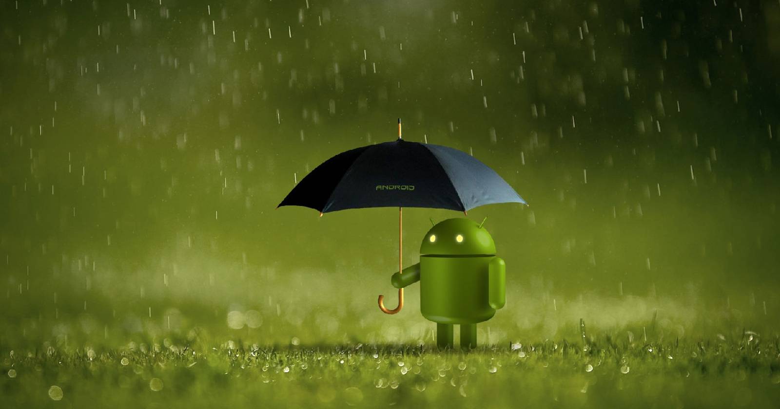 Android под дождём держит зонт