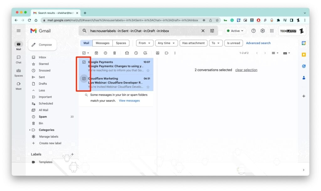 Выделенное письмо в All Mail