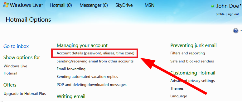 Параметры учётной записи Hotmail — раздел Account details