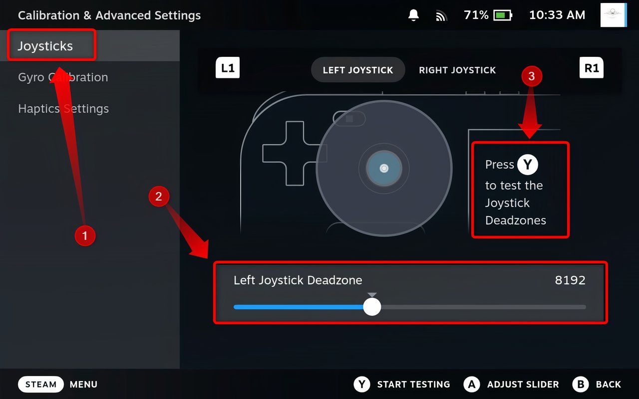 Calibrating Steam Deck thumbstick in Game Mode.