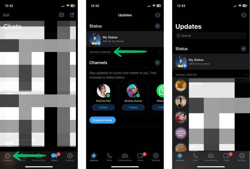 Скрыть каналы WhatsApp на iPhone — меню Обновления