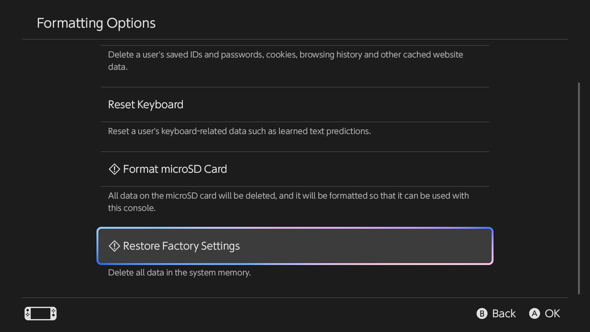 Опция восстановления заводских настроек на Switch 2.