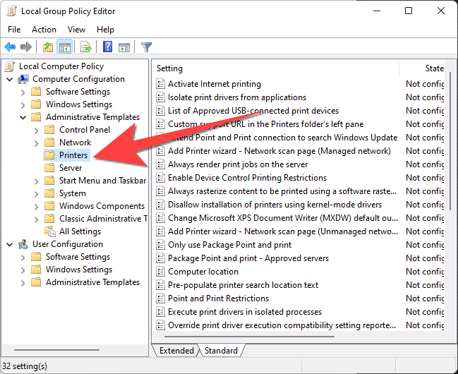 Папка 'Printers' в шаблонах администратора