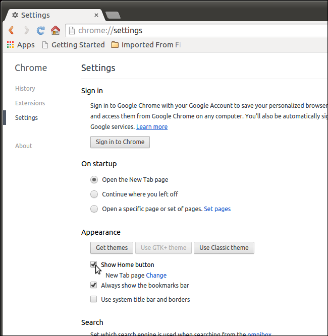 Показать кнопку Домой в настройках Chrome