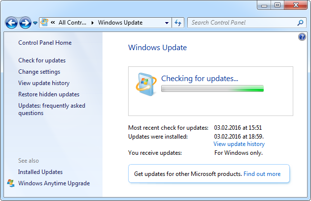 Окно Windows Update в Windows 7
