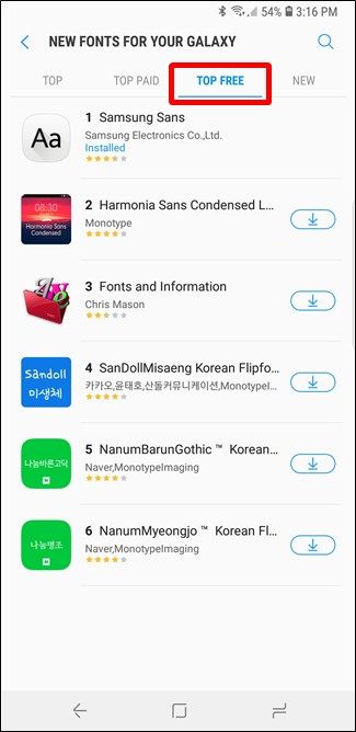 Вкладка Top Free в Galaxy Apps для фильтрации бесплатных шрифтов